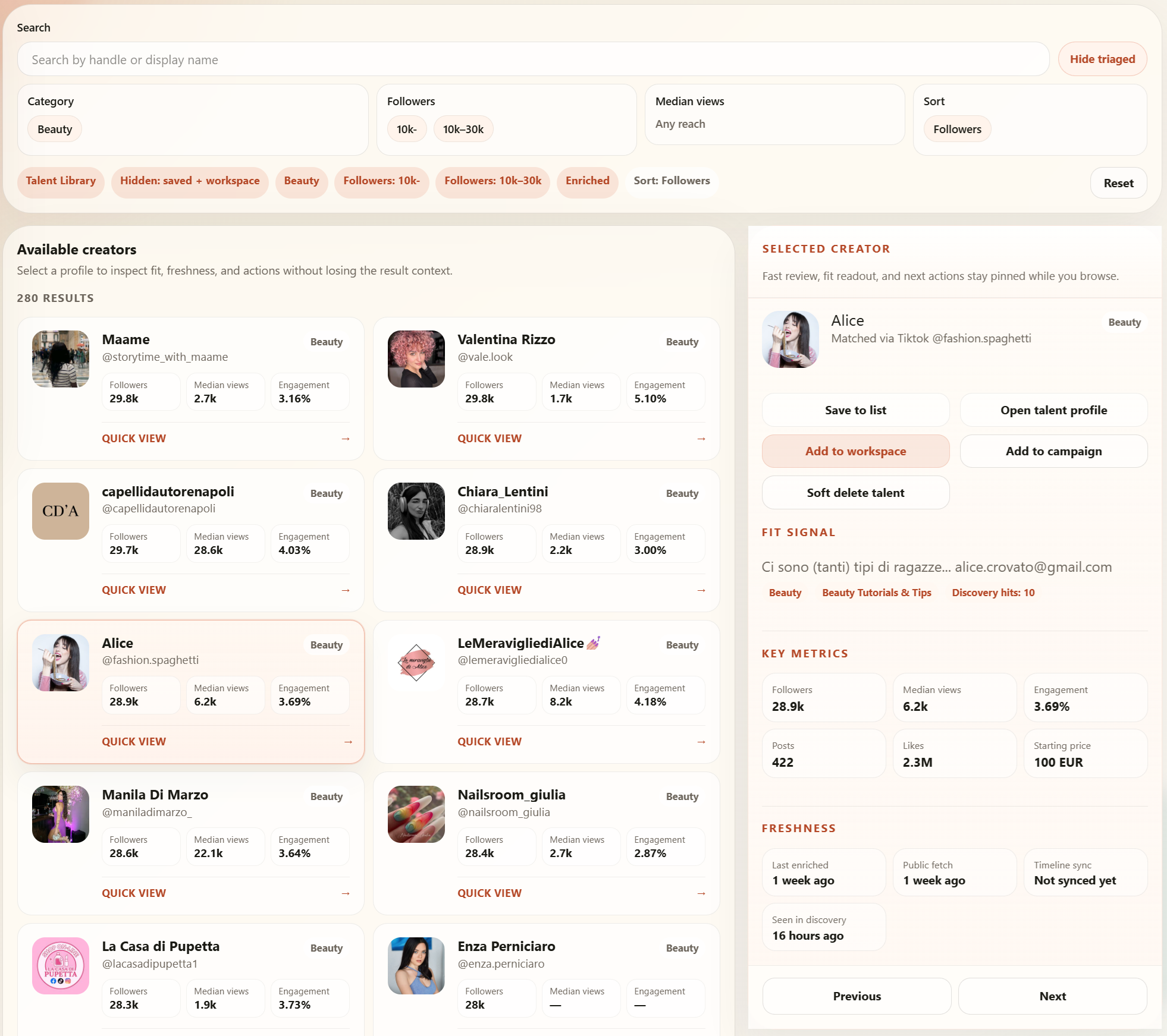 Brandario talent library and creator discovery workflow