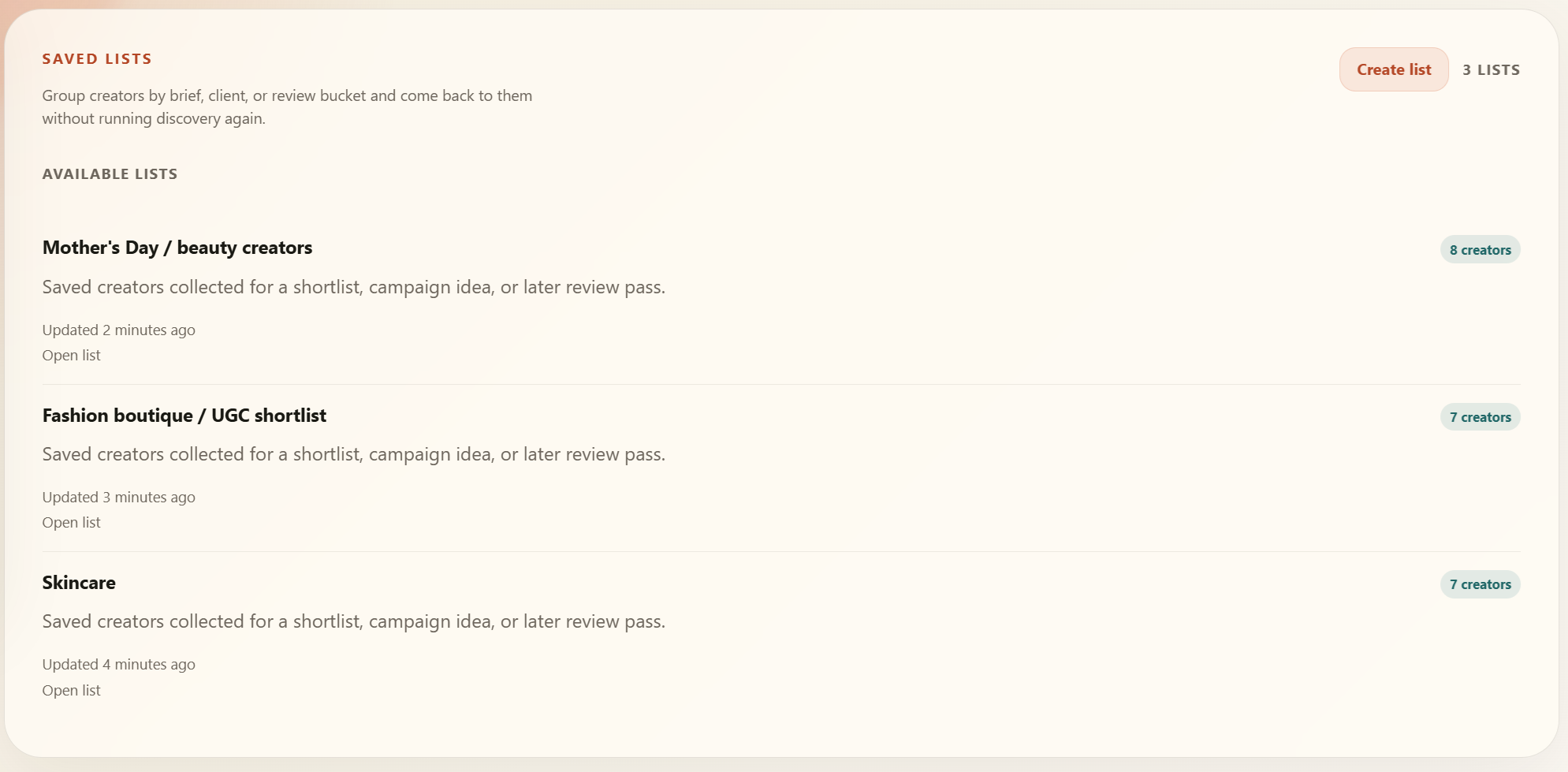 Saved lists interface for creator shortlists and review buckets