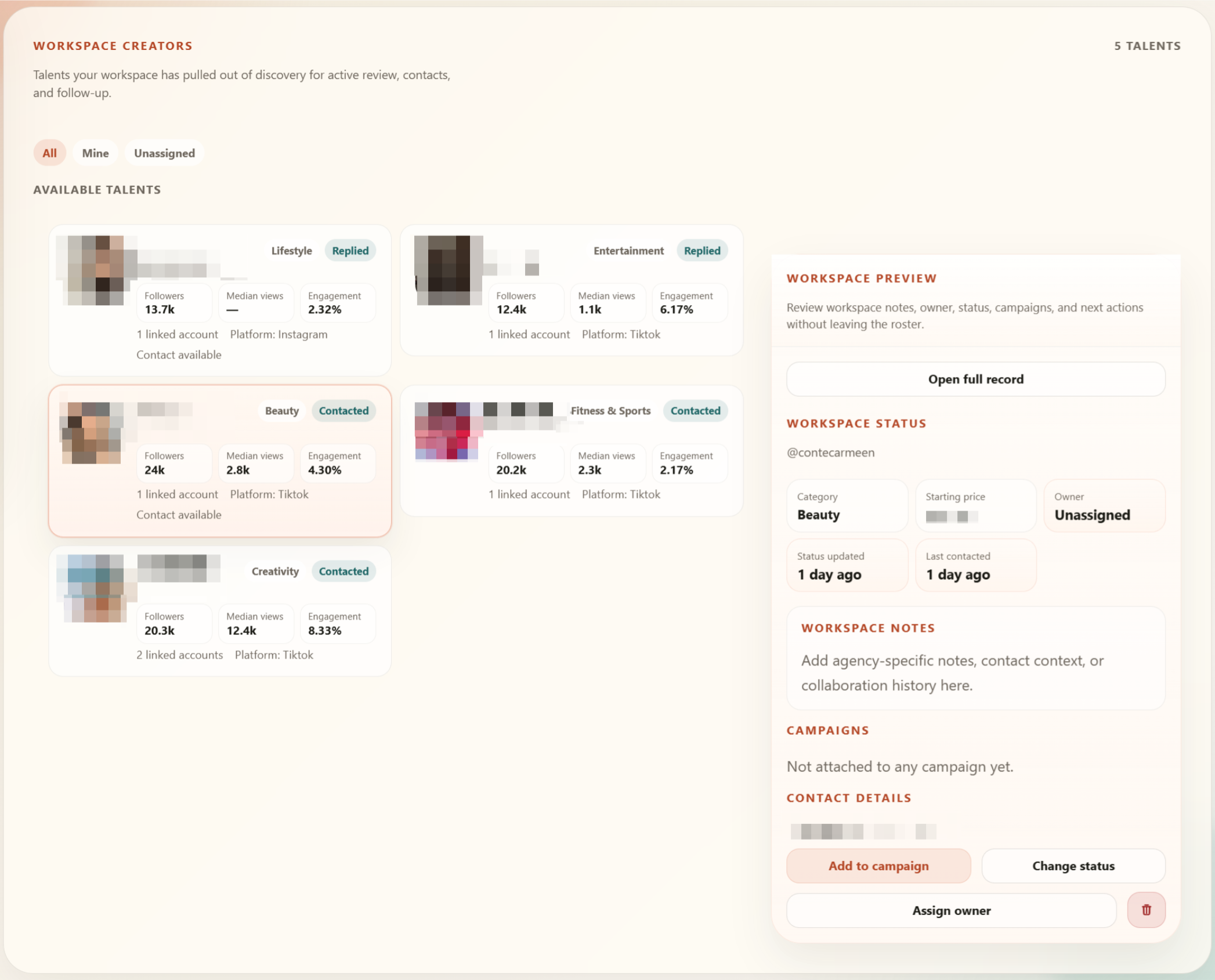 Workspace roster with owner, status, notes, and next actions